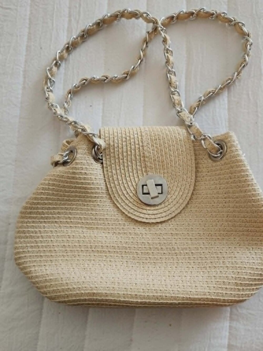 Cream Straw Woven Shoulder Bag with Silver Chain Handle | Summer Tote